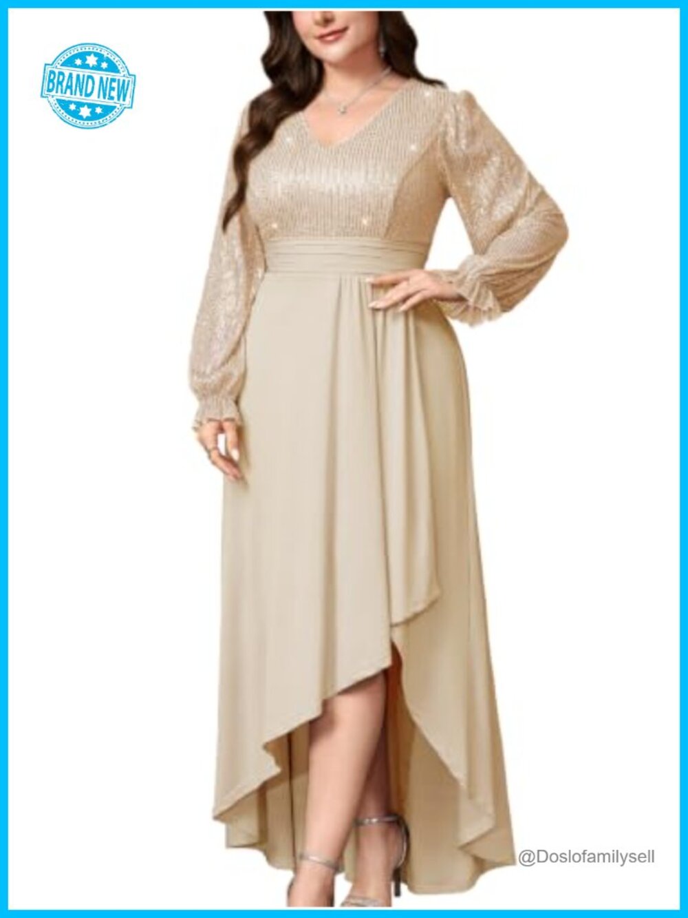 Plus Size Sequin High Low Formal Evening Gown Long Sleeve Ruched A-Line Maxi